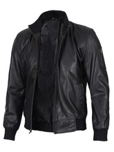 Men's Black Leather Cafe Racer Bomber Jacket